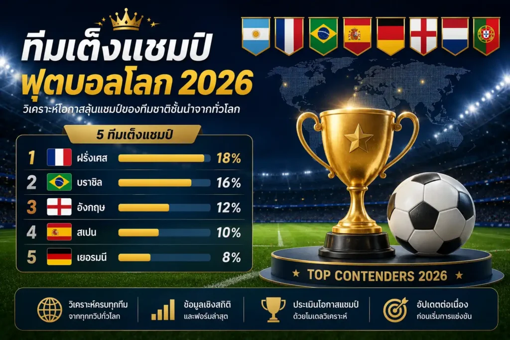 ทีมเต็งแชมป์ฟุตบอลโลก 2026 พร้อมการวิเคราะห์โอกาสลุ้นแชมป์ของทีมชาติชั้นนำจากทั่วโลก