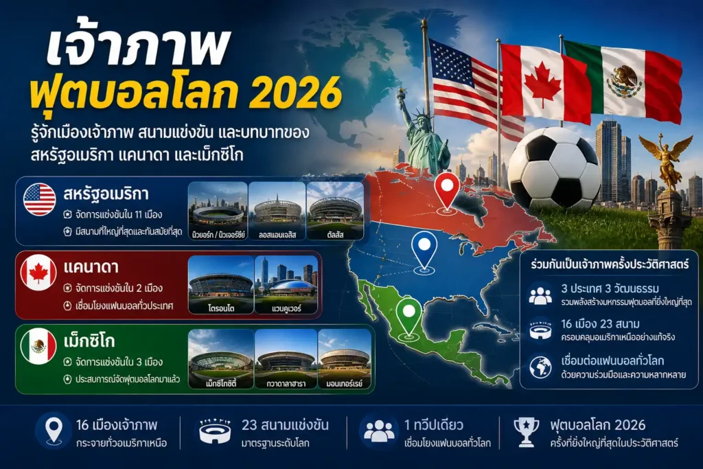 เจ้าภาพฟุตบอลโลก 2026 สหรัฐอเมริกา แคนาดา และเม็กซิโก พร้อมข้อมูลเมืองเจ้าภาพและสนามแข่งขัน